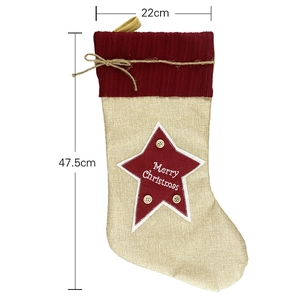 Linen Christmas stocking with Merry Christmas embroidery and red star 47.5cm
