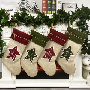 Burlap Christmas Stocking With Knitted Ruffled Cuff Star Patch And Wood Buttons For Fireplace Mantle Holiday Decor