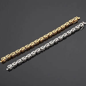 Detailed macro view of Byzantine weave chains in gold and silver steel with reflective finish