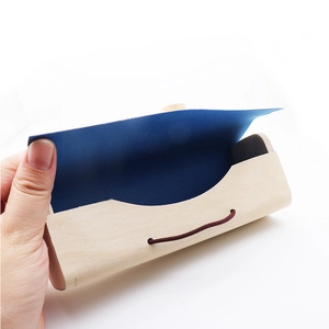 Natural wood grain texture sunglasses storage box with elastic cord button closure