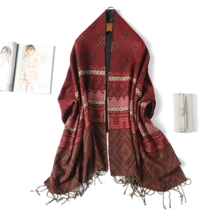 Bohemian geometric rhombus patterned shawl with tassel edges and wine red finish