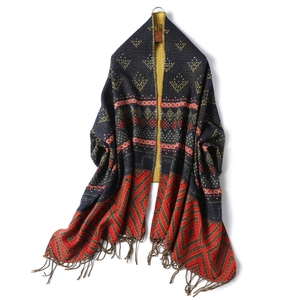 Women's winter scarf with geometric pattern, fringe tassels and navy blue color