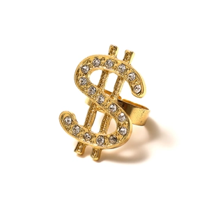 Adjustable golden US dollar sign ring with sparkling crystals for hip hop jewelry style
