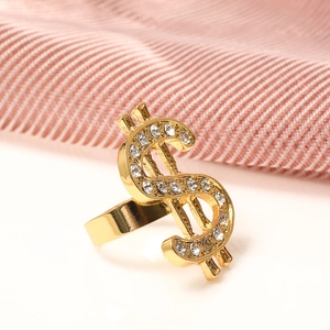 Detailed view of adjustable gold dollar sign ring with sparkling zircon inlays