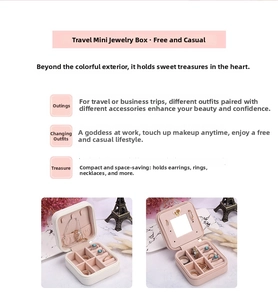 Detail view of mini travel jewelry box with necklace hooks, mirror and ring slots