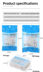 Detailed dimensions of portable dental floss picks in bag and box packaging options