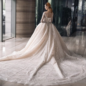 Elegant champagne bridal gown featuring long sleeves, sequined embroidery and a long train