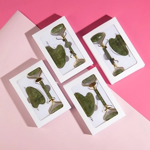 Anti-aging jade roller and gua sha facial massage gift set in white window box