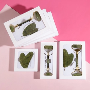Natural green jade facial roller and gua sha massage set in white window gift box