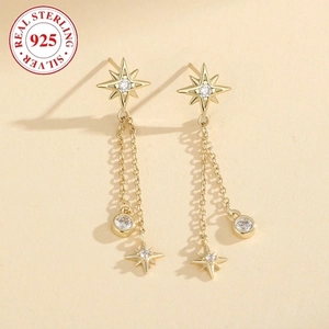 Elegant 925 sterling silver gold-plated long tassel star earrings with white zircon