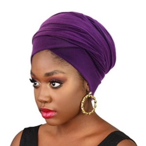 Detail of deep purple turban hat showing elastic pleated layers and soft knit texture