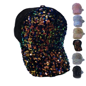 Detailed grid view showing sequined baseball caps in various colors including pink and blue