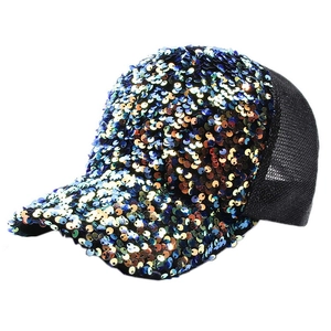 Sparkling sequin trucker hat in blue gold and black with breathable mesh back
