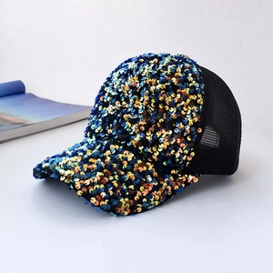 Detail of colorful sequins and breathable black mesh on this stylish baseball cap