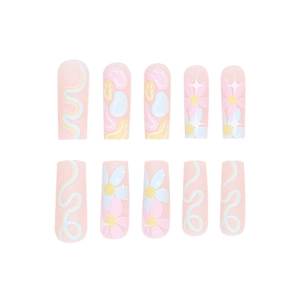 Pastel macaron floral press-on nails in long coffin shape with colorful wavy patterns