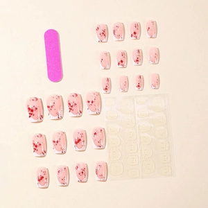 Square white French false nails with red blood stain patterns and application tool kit