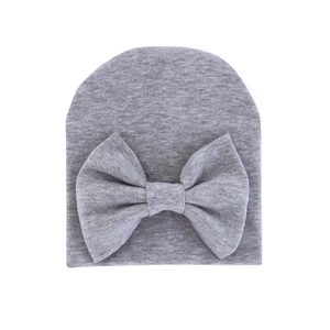 Warm knit baby hat in heather grey with a large bow decoration for infants aged 0-6 months