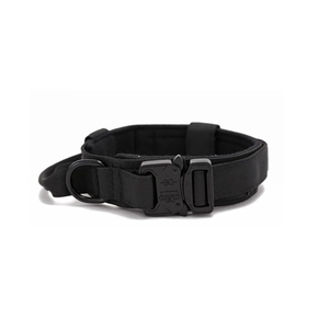 Tactical black nylon large dog collar featuring heavy duty metal buckle and control handle