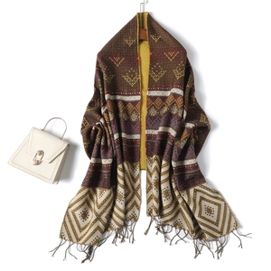 Detailed close-up of cashmere-feel scarf with geometric patterns and fringe edges