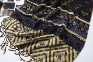 Detailed close-up of geometric pattern scarf with fringe trim and thick knit texture