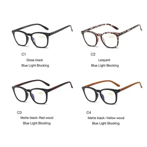 Modern anti-blue light reading glasses set in black, leopard, and wood grain finishes