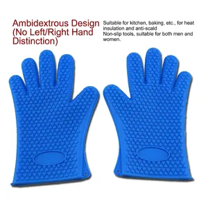 Blue heart-textured silicone oven mitts with hanging loops for heat resistant cooking