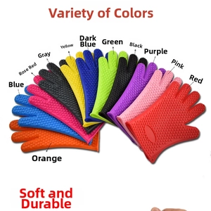 Detailed fan-shaped display of multi-color silicone heat resistant oven mitts with anti-slip texture