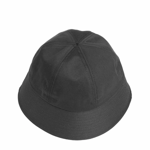 Detailed view of black cotton bucket hat with reinforced stitching and panelled dome top