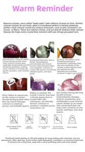 Detailed infographic showing natural jade texture features and 14K gold plating care guide