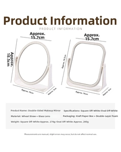 Size chart showing wheat straw desktop makeup mirror dimensions and specifications