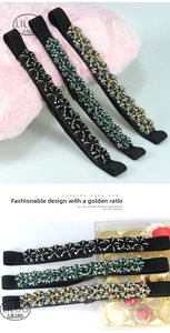 Detail of elastic waist belts featuring sparkling crystal rhinestones in three colors