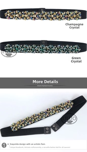Detailed view of women's elastic waist belt featuring luxury champagne and green crystals