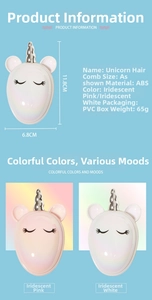 Unicorn hairbrush product specifications showing ABS material and 11.8x6.8cm size details