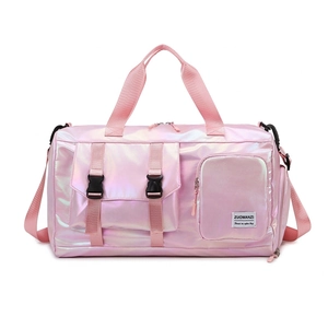 Pink holographic travel bag with dual front pockets and detachable shoulder strap