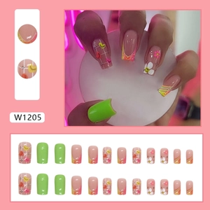 24pcs floral press-on nails set in green and pink gradients with daisy and heart art
