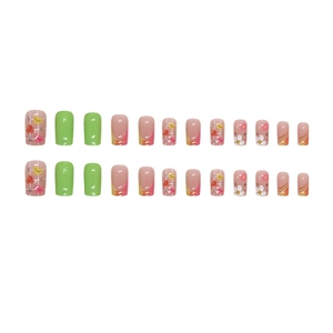 Rainbow summer press-on nails with doodle art and short square shape 24pcs set