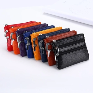 Genuine Cowhide Leather Coin Purse Lychee Pattern Multiple Zipper Small Wallet Multi Layer Key Holder Case With Ring Women
