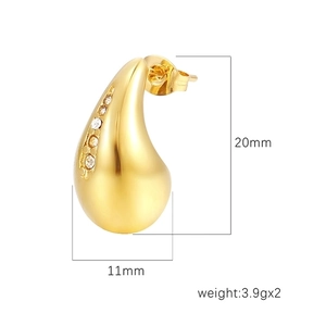 Gold stainless steel teardrop earrings with cubic zirconia, 20mm x 11mm dimensions