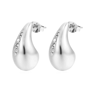 Elegant 18K silver teardrop stud earrings with cubic zirconia inlay on white background