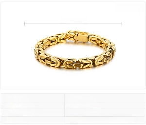 Vue détaillée du bracelet byzantin doré en acier inoxydable avec spécifications techniques