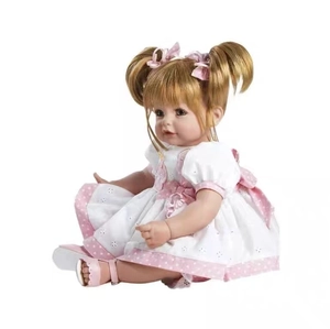 50cm realistic baby doll with blonde pigtails in pink lace dress sitting on white background