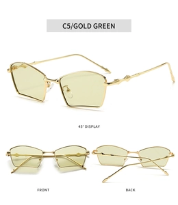 Detailed views of gold metal sunglasses with green lenses and unique geometric cut-outs