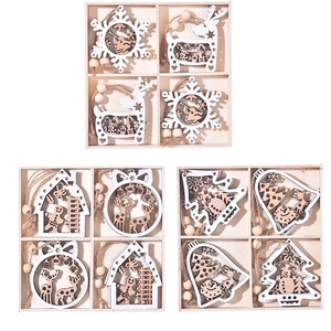 3D wooden hollow Christmas ornaments set featuring snowflake, elk, and tree shapes