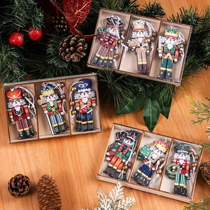 9-piece wooden nutcracker soldier Christmas tree ornaments with colorful printed patterns