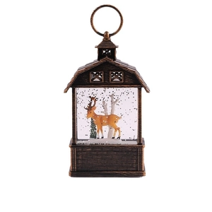 Bronze Christmas lantern with deer landscape and warm LED light, holiday decor