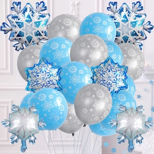Blue and silver snowflake foil balloons set for winter themed birthday party decorations