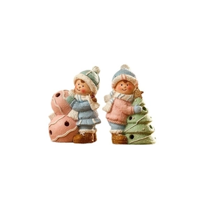 Ceramic painted Christmas boy and girl figurines with night light for holiday decor