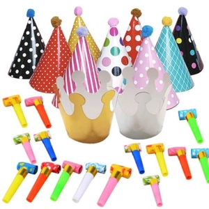 Baby birthday party decoration set with colorful paper hats, crowns and party blowouts
