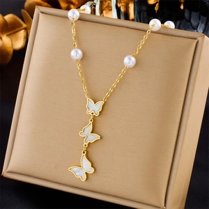 Collana In Acciaio Al Titanio Con Pendenti A Farfalla E Künstliche Perle Gioielli Vintage Color Oro Per Donne