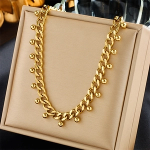 Stainless Steel Gold Plated Curb Chain Necklace For Women Minimalist Round Bead Pendant Choker Fashion Jewelry Accessory